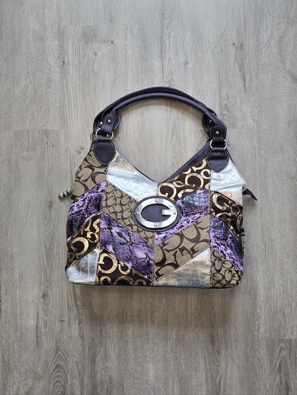 Vintage Y2K "G" Monogram Shoulder Bag Purple Croc Trim Buckle Logo